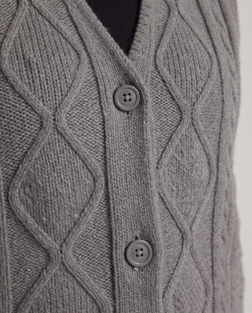 Women's Boxy Knit Vest with Diamond Pattern, V-neck and Wooden Buttons Chichicherry