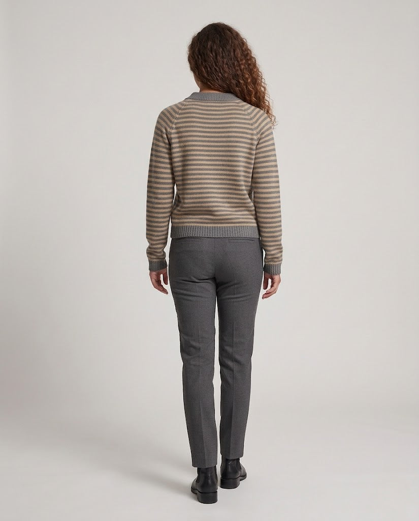 Women's Striped Fine Knit Sweater with V-Neck, Button Placket and Cropped Silhouette Chichicherry