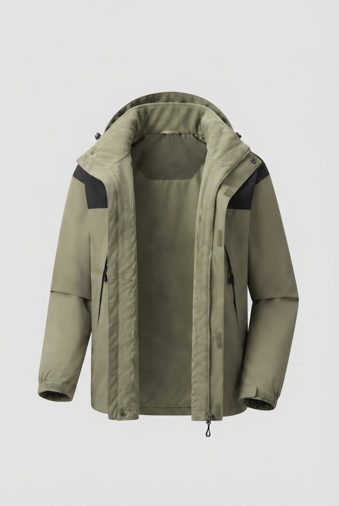 Men's Two-Layer Softshell Outdoor Jacket with Removable Fleece Inner Jacket and Hood Chichicherry