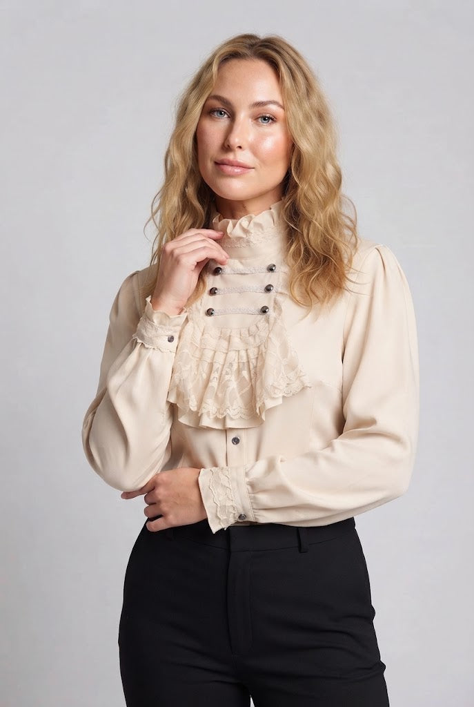 Women's Elegant Ruffle Blouse with High-Quality Lace and Tailored Cut Chichicherry