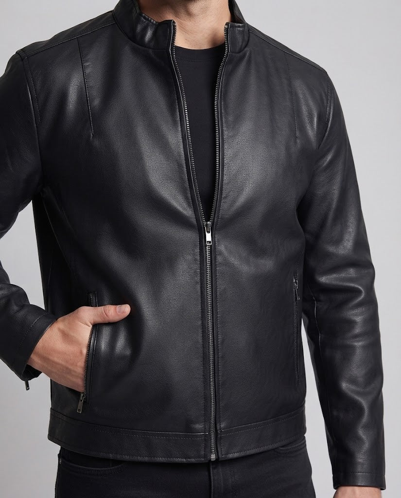 Men's slim-fit biker blouson jacket in leather look with high closing collar and thermally insulated inner lining Chichicherry