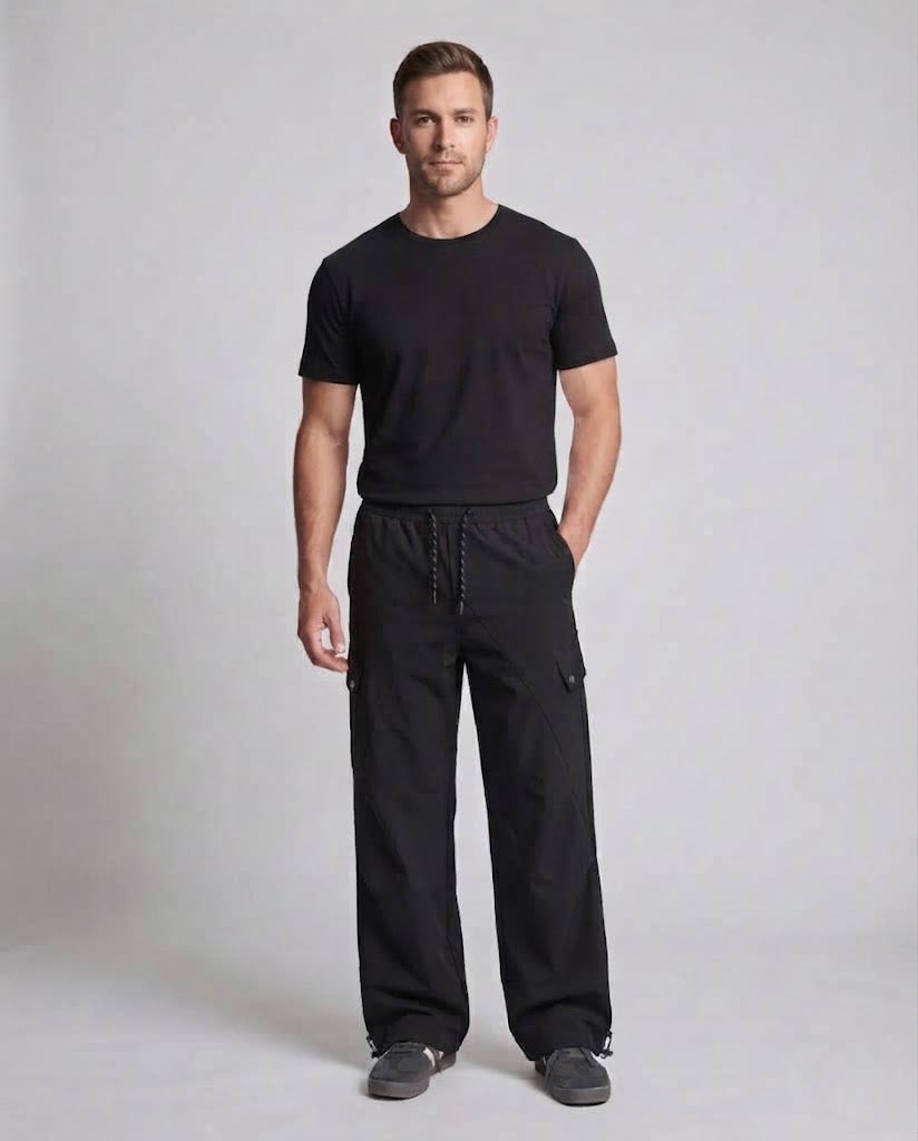 Men's Wide Tech Cargo Pants in Baggy Fit with Drawstring & Flap Pockets Chichicherry