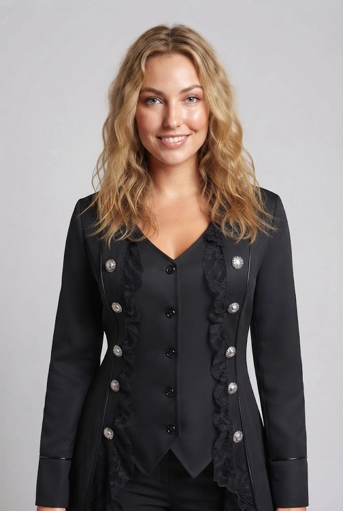 Women's elegant tailcoat with lace accents and decorative button placket Chichicherry