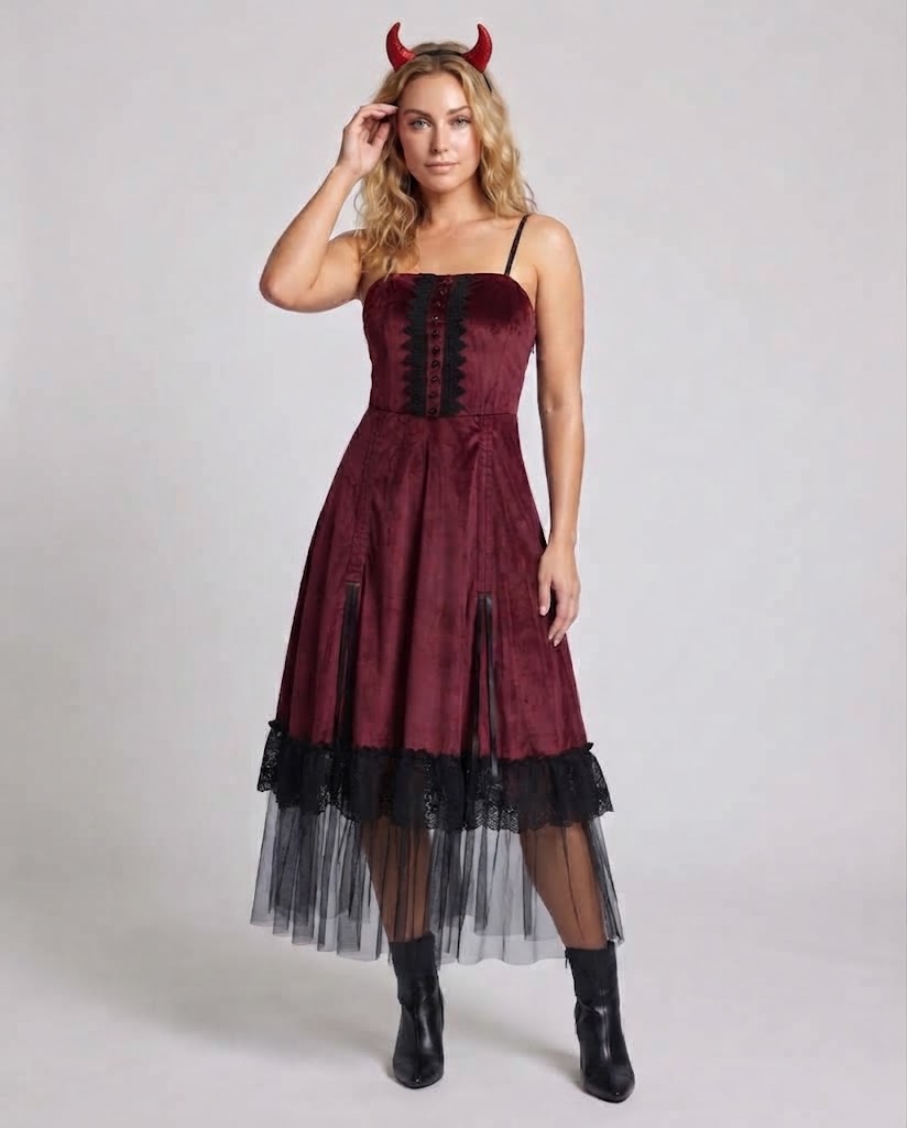 Women Vampire-Inspired Costume Dress with Sheer Tulle Layer and Ruffle Details Chichicherry