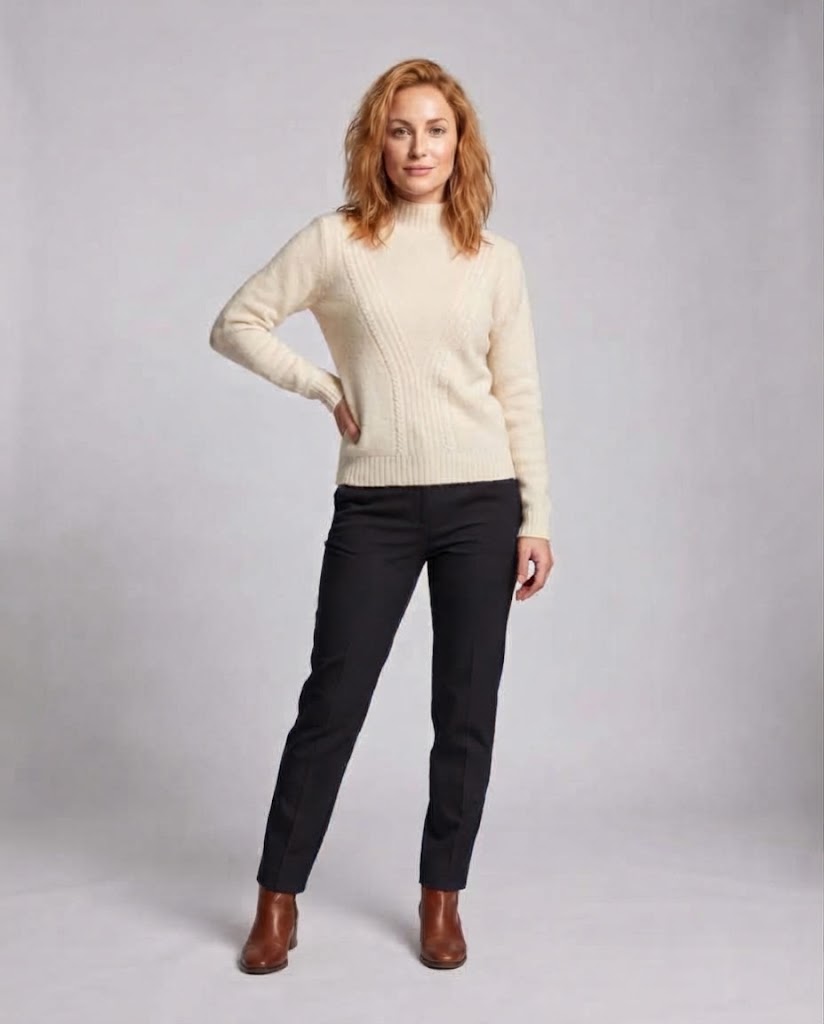 Women's Fluffy Mockneck Sweater with Cable Pattern and Open Panel Down