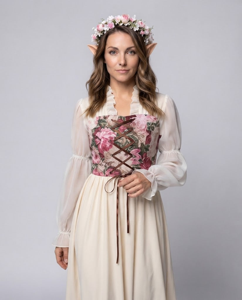 Ladies romantic maxi dress with floral design and transparent puff sleeves Chichicherry