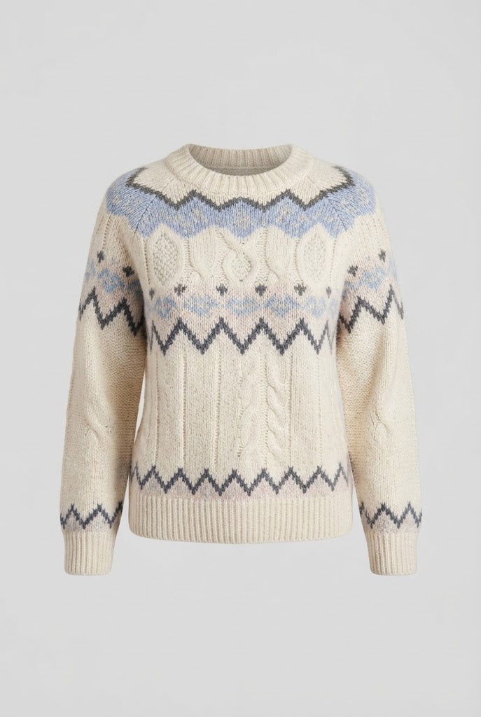 Ladies Norwegian pattern round neck sweater made of wool mix with ribbed hem Chichicherry