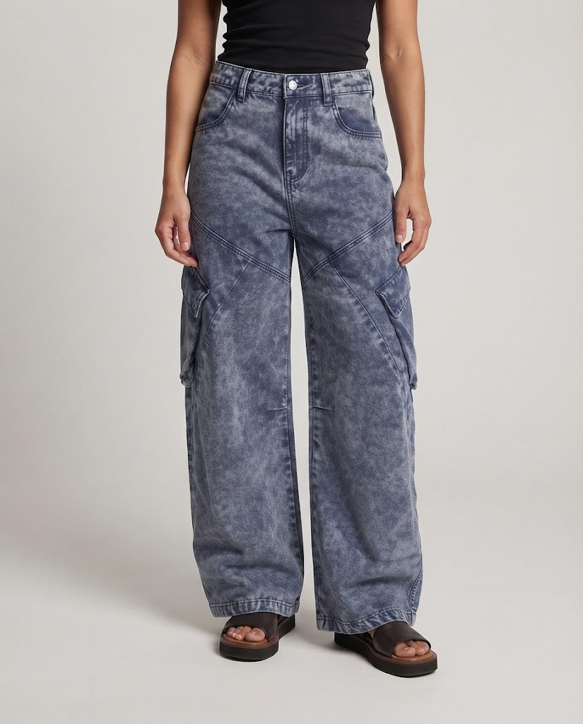 women's wide panel cargo denim palazzo pants with a low drop and large flap pockets Chichicherry
