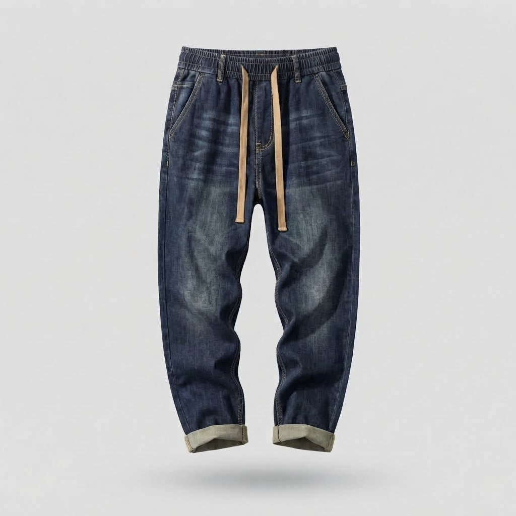 Men's Casual Denim Jogger Pants with Elastic Waistband and Drawstring Chichicherry