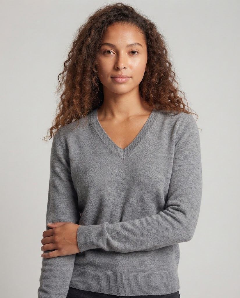 Ladies V-neck fine knit sweater made of soft wool blend Chichicherry