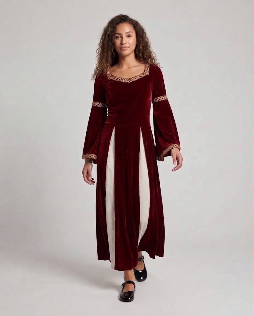 Women Historical Velvet Dress with Flared Sleeves and Decorative Collar Chichicherry