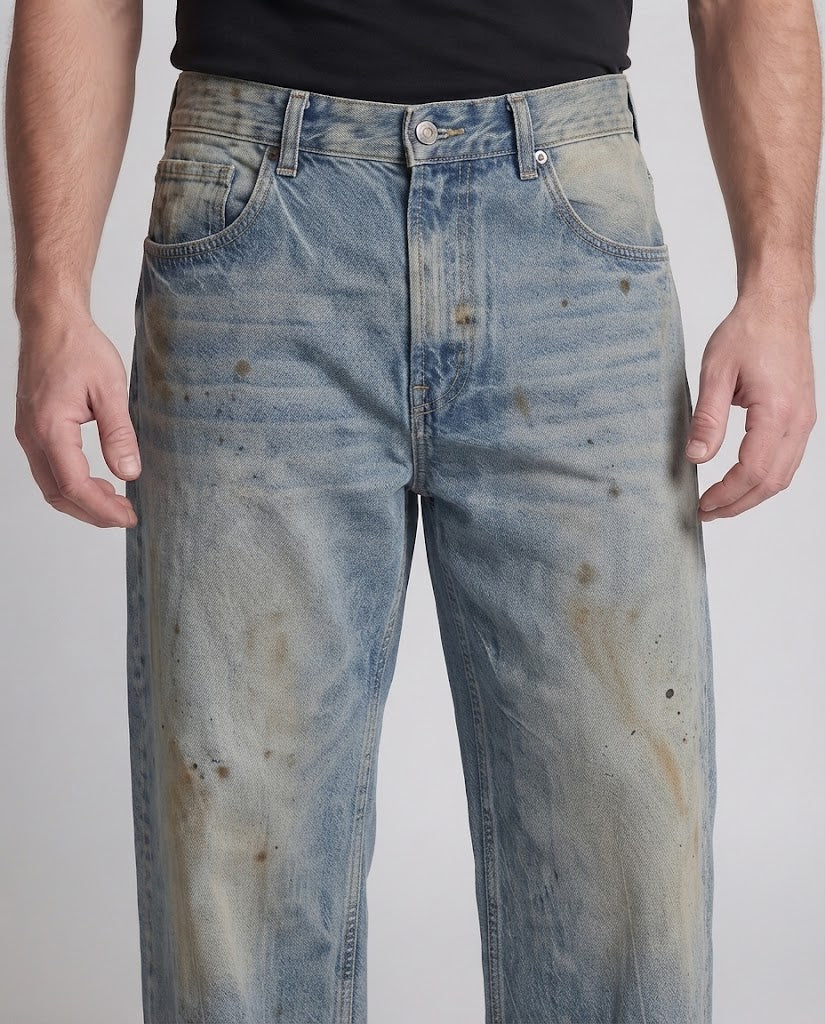 Men's Extra Wide Distressed Baggy Jeans in Palazzo Cut with Vintage Paint Effect Chichicherry
