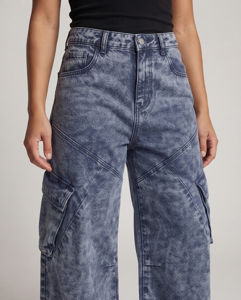 women's wide panel cargo denim palazzo pants with a low drop and large flap pockets Chichicherry
