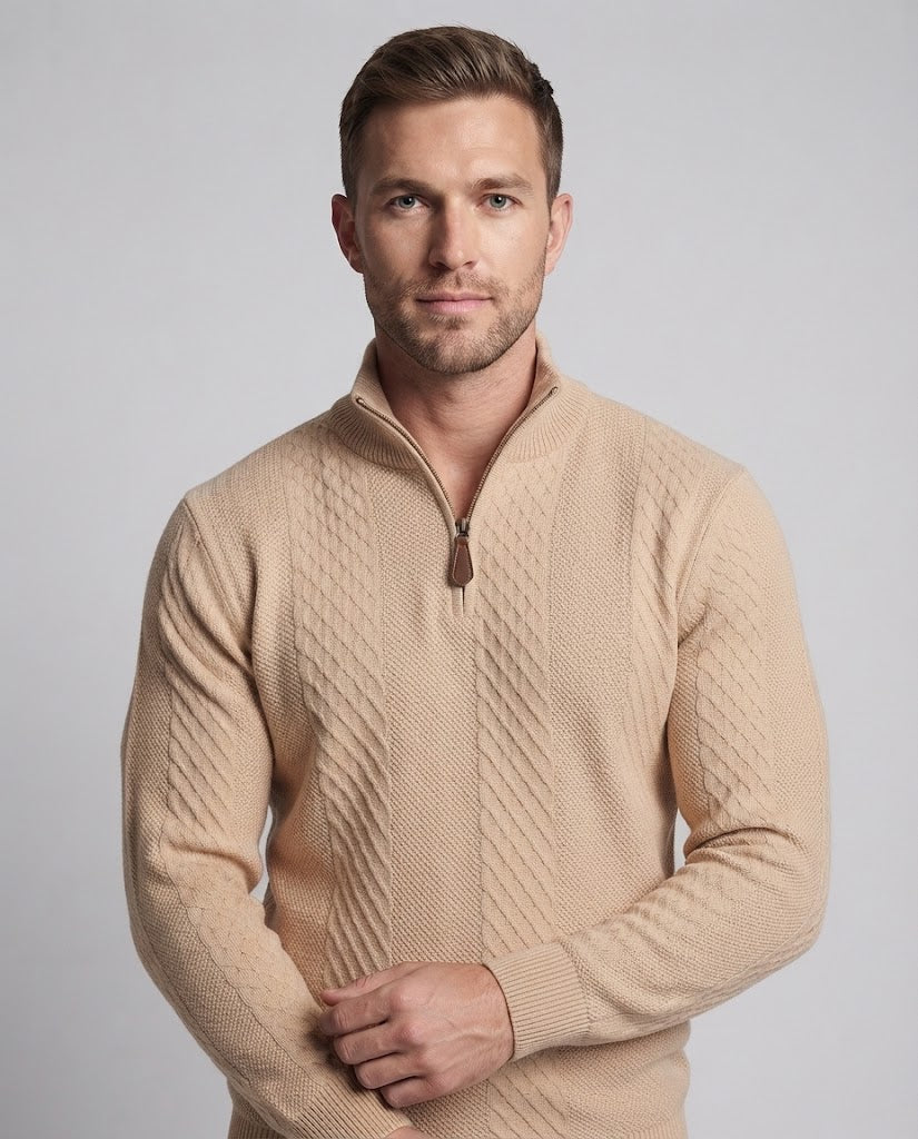 Men's Troyer pullover with diamond structure, half zip and leather zipper Chichicherry