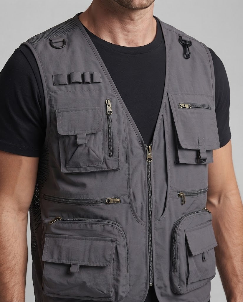 Men's multifunctional fishing and outdoor vest with mesh lining, multiple pockets, and carabiner holders Chichicherry