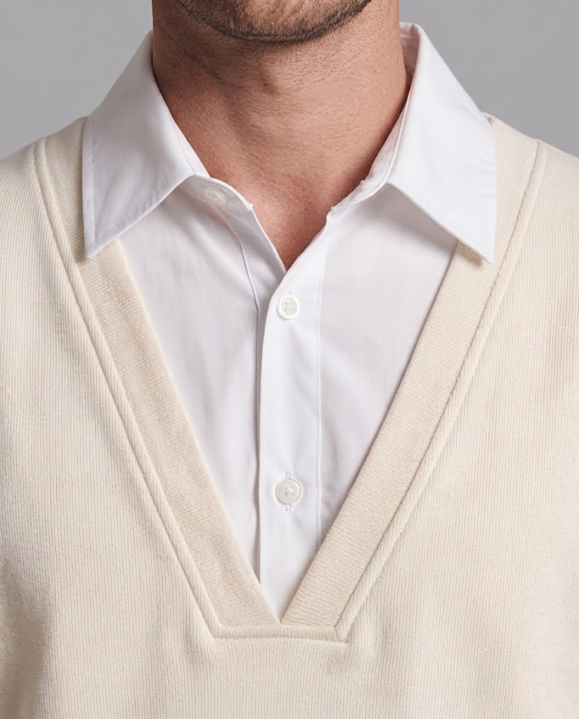 Men's Oversized Sweater with Deep V-Neck and Inserted Shirt Collar Chichicherry