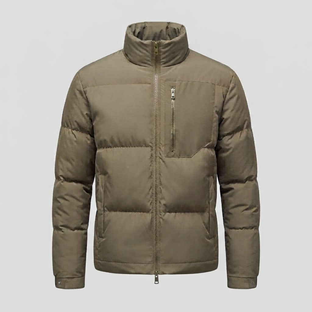 Men's Urban Short Puffer with High Stand Collar, Chest Zip and Windproof Shell Chichicherry