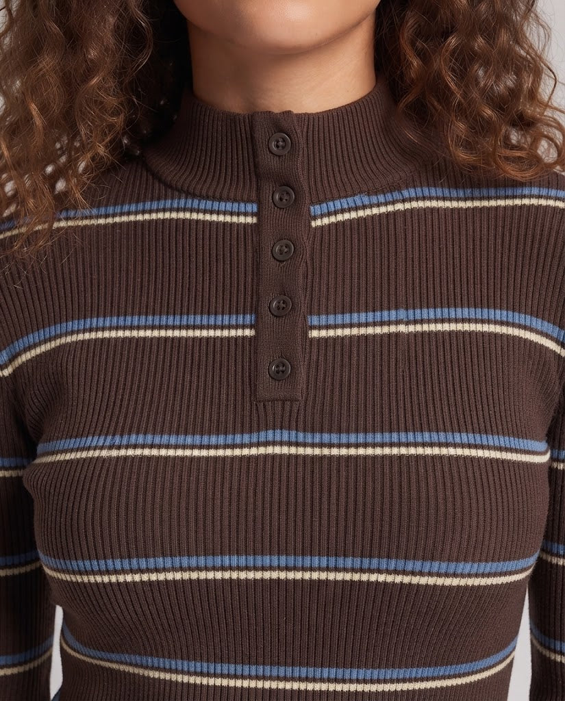 Women's Striped Ribbed Sweater with Stand-Up Collar, Button Placket, and Contrast Cuffs Chichicherry