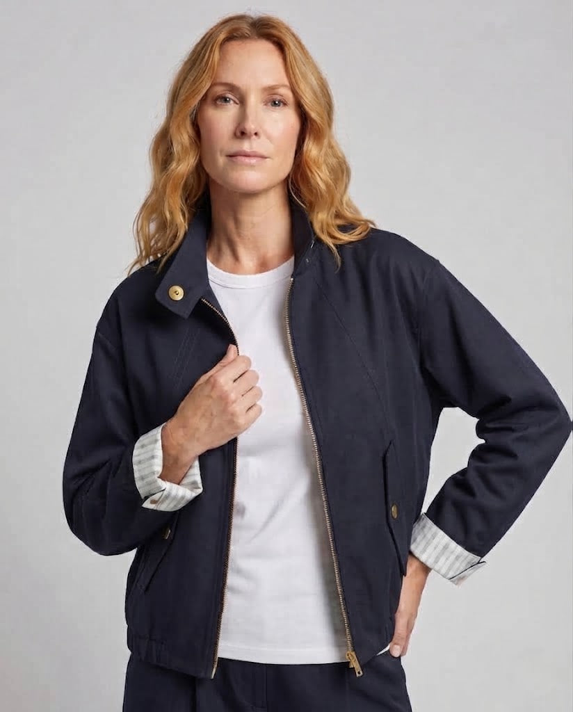 Women's Cropped Utility Jacket with Stand Collar, Drawstring Hem and Gold-Colored Details Chichicherry