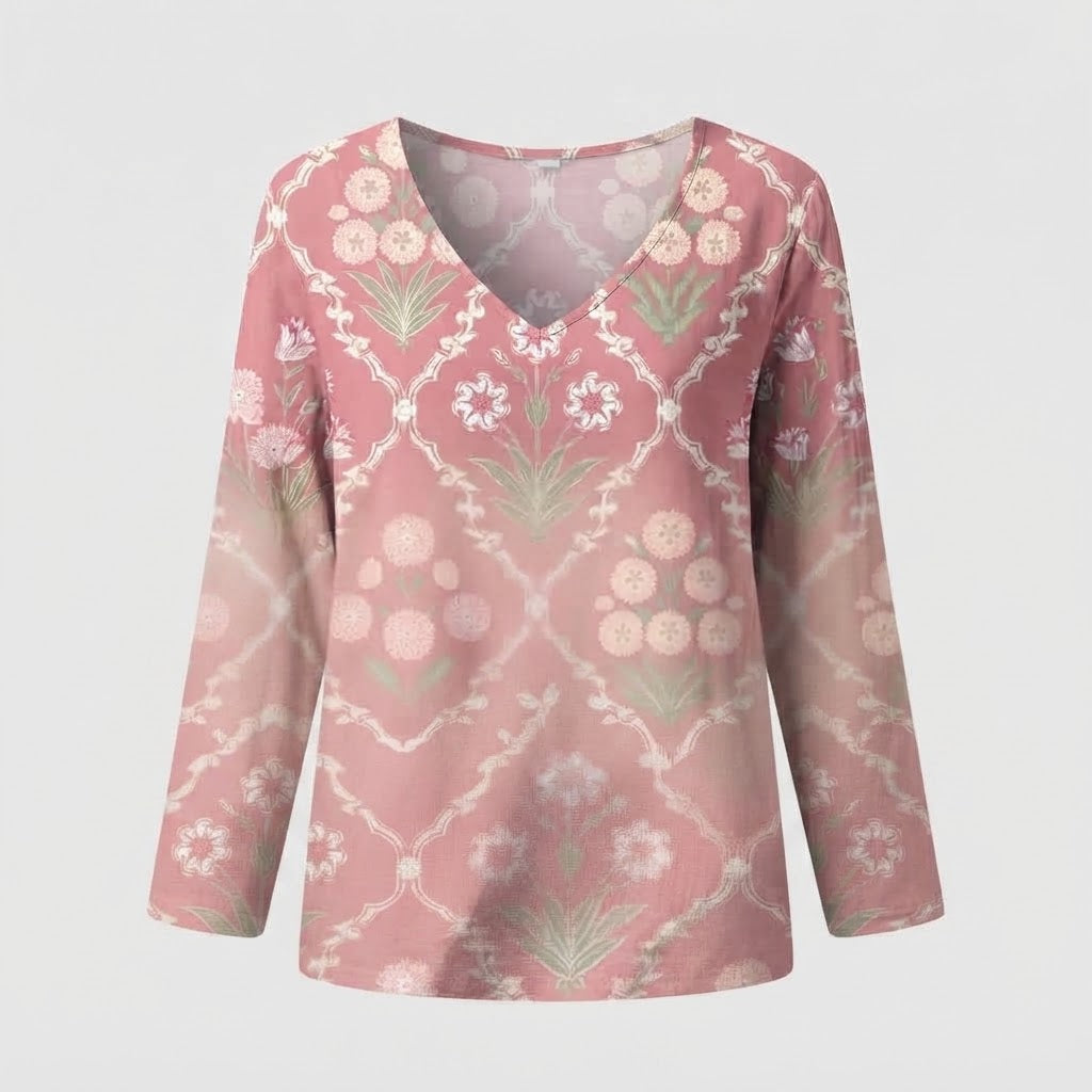 Women's Casual Linen Look V-Neck Tunic with Vintage Flower Ornament Chichicherry