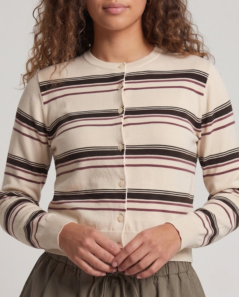 Women's Striped Cropped Knit Cardigan with Round Neck Chichicherry