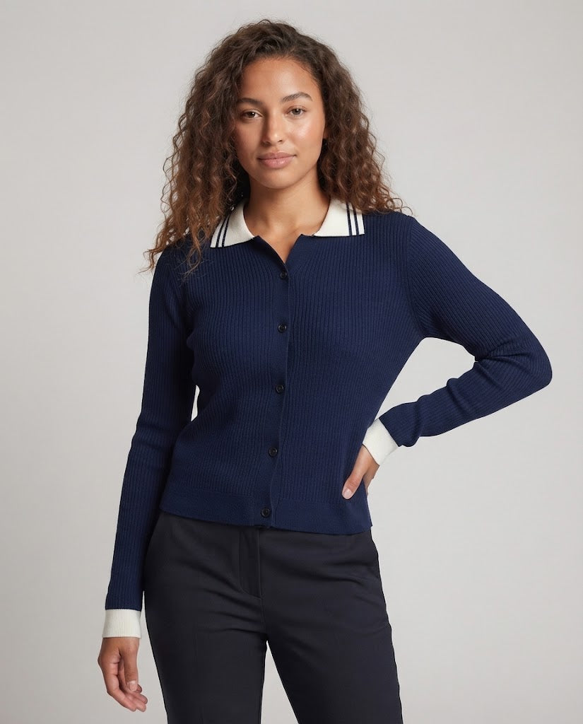 Ladies fine knit cardigan with polo collar and contrasting cuffs Chichicherry