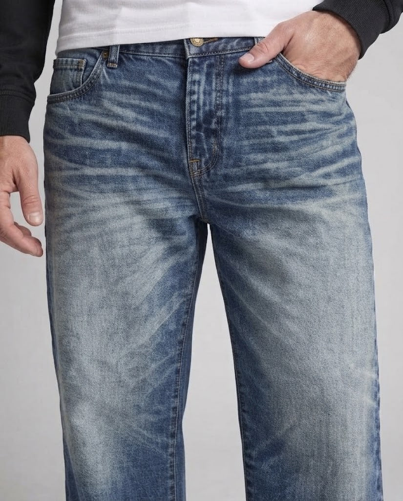 Men's baggy jeans in extra wide palazzo cut with distinctive whisker and ombre fade Chichicherry