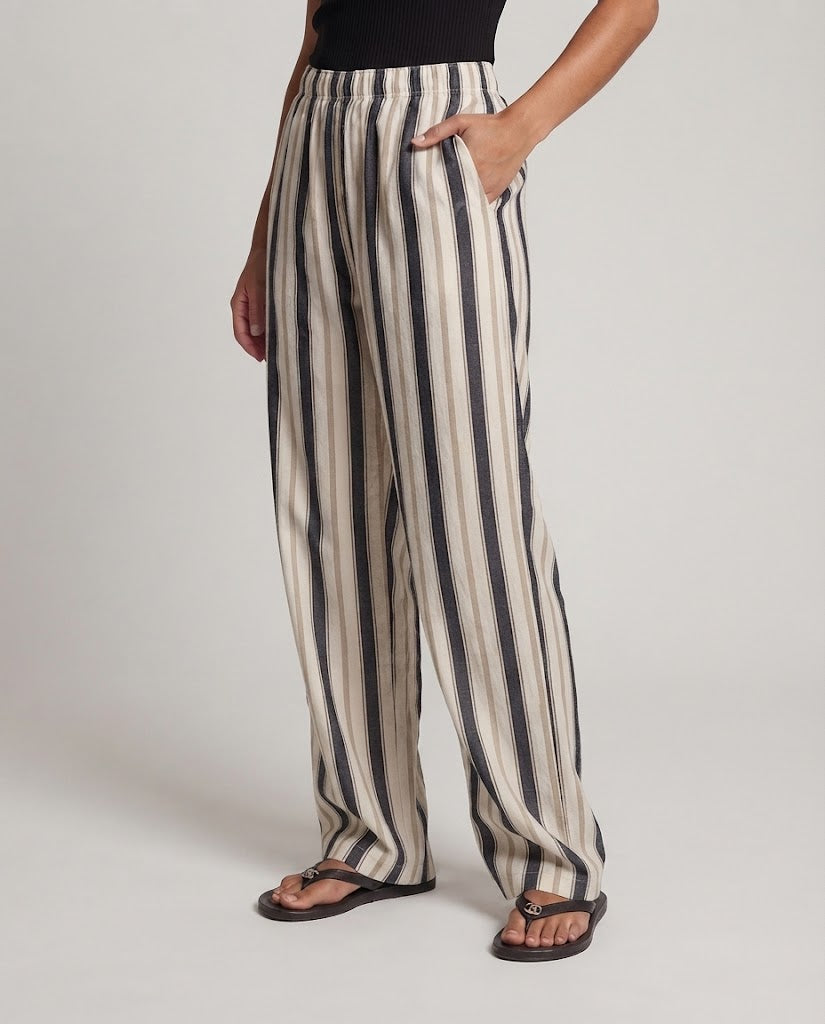 Women's Wide Linen Blend Pants with Elastic Waistband and Vertical Stripe Look Chichicherry