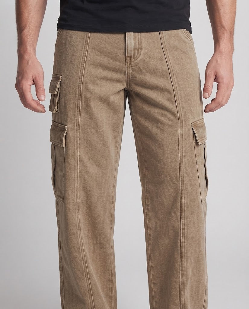 Men's Wide Utility Cargo Palazzo Pants with Multiple Pockets and Visible Quilted Seams Chichicherry