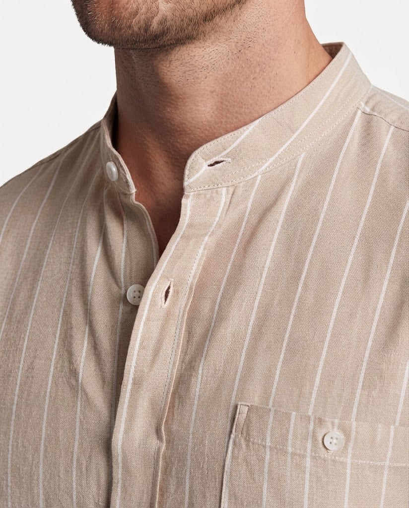 Men's Lightweight Linen Loungewear Set with Stand Collar and Drawstring Chichicherry