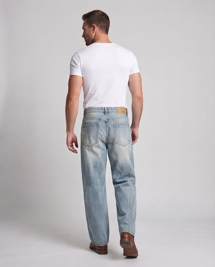 Men's Extra Wide Palazzo Denim Jeans with Low Rise, Distressed Knees and Vintage Wash Chichicherry