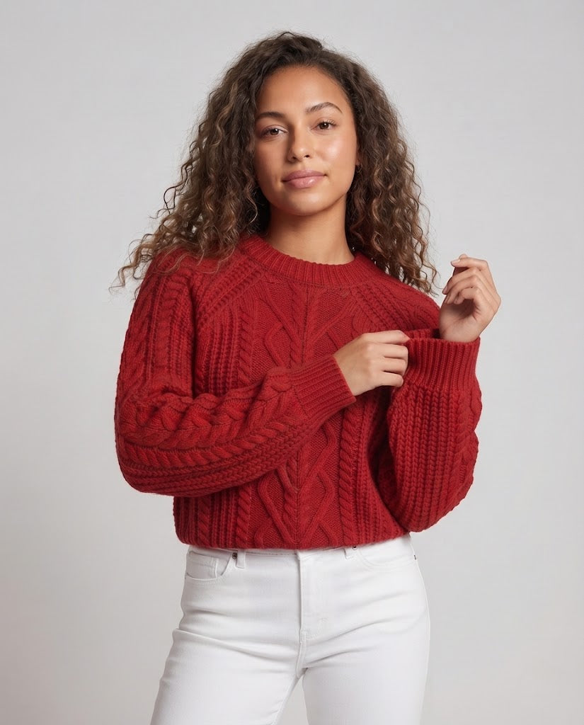 Women's Boxy Sweater with Cable Structure, Openwork Insert and Soft Pile Chichicherry