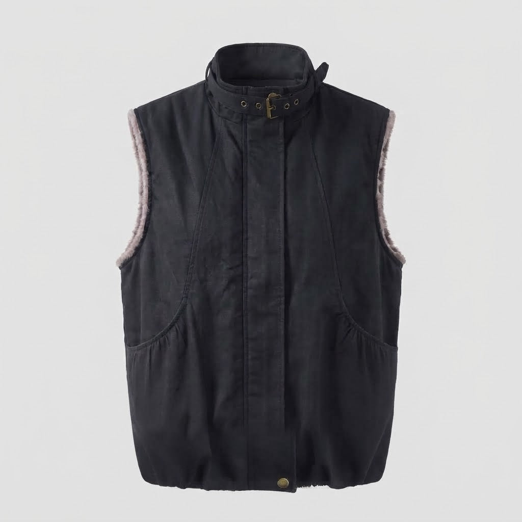 Women's Sleeveless Velour Quilted Vest with Faux Fur Lining and Adjustable Stand Collar Chichicherry