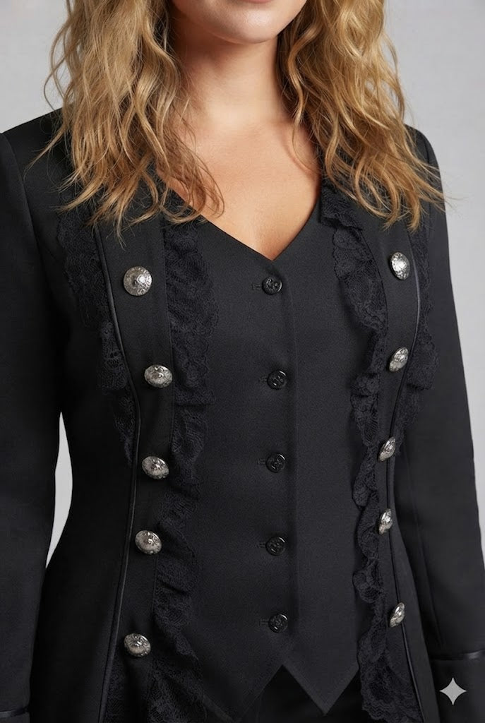 Women's elegant tailcoat with lace accents and decorative button placket Chichicherry