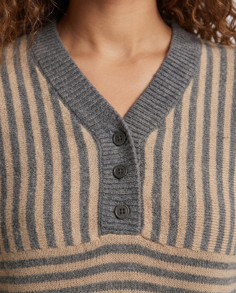 Women's Striped Fine Knit Sweater with V-Neck, Button Placket and Cropped Silhouette Chichicherry