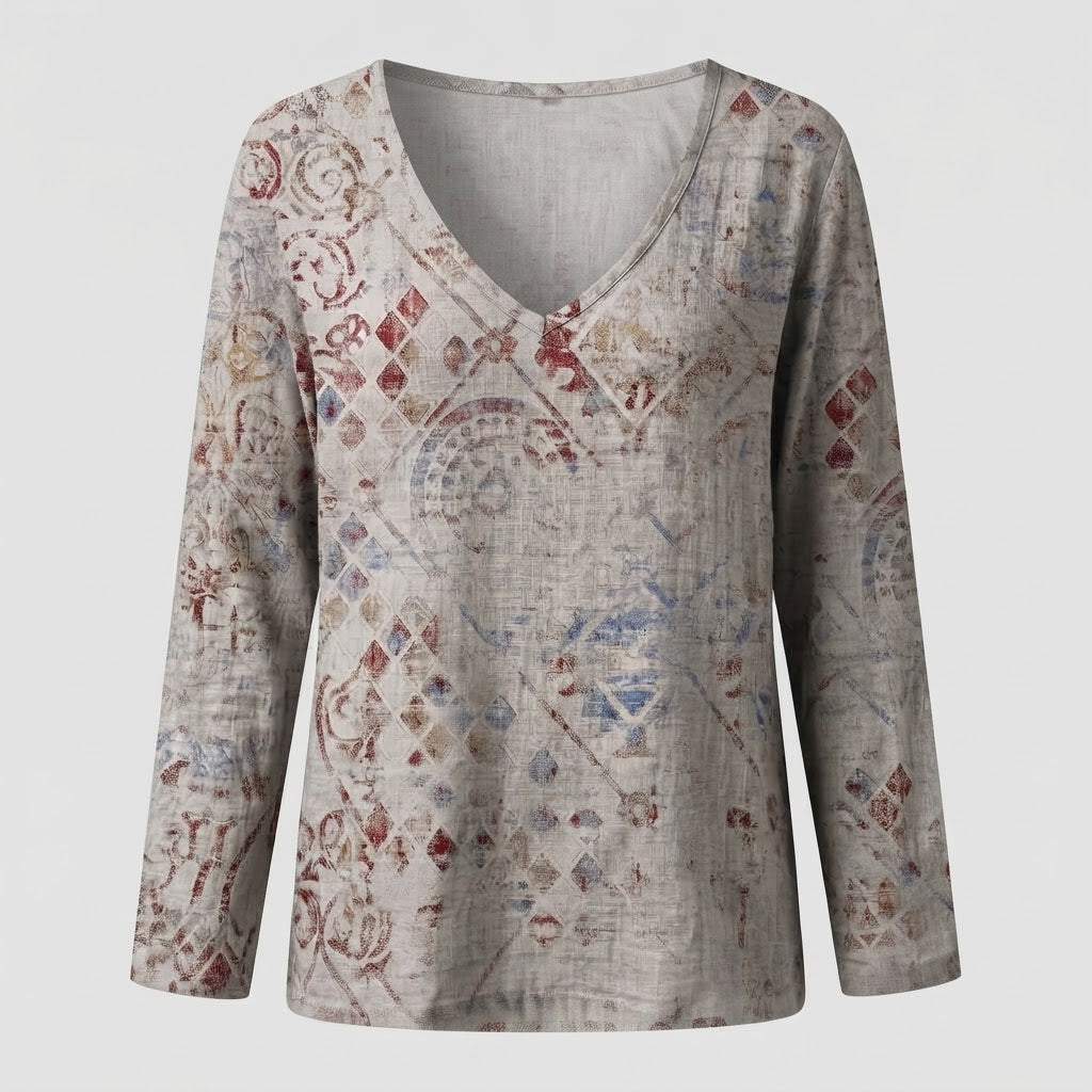 Women's Casual Linen Look V-Neck Tunic with Vintage Flower Ornament Chichicherry