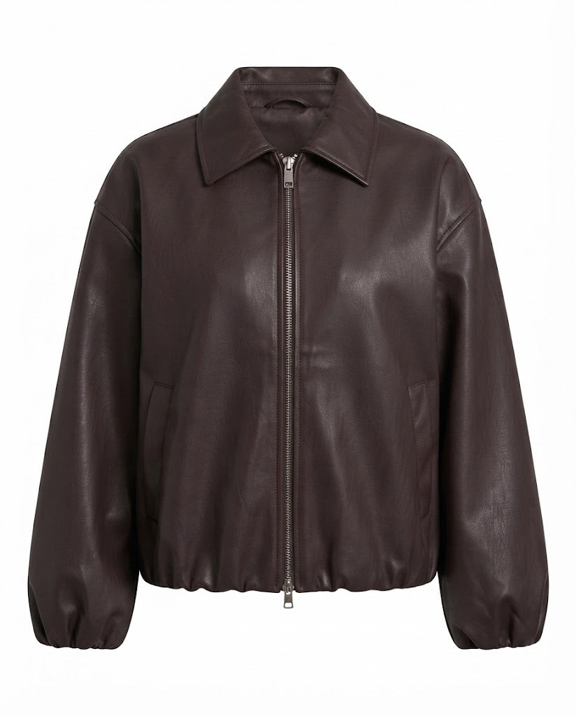Women's Oversized Leather Look Blouson with Shirt Collar, Zipper and Elastic Hem