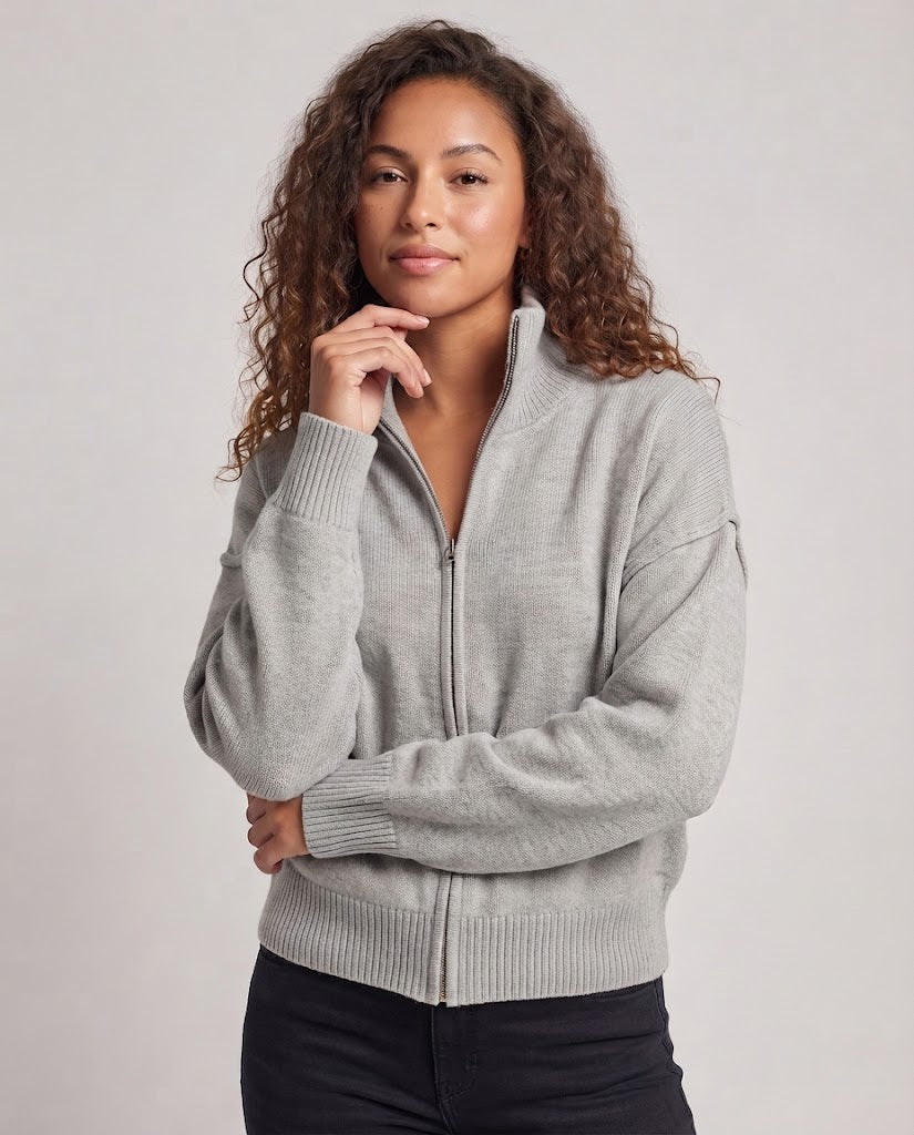 Ladies short-cut fine-knit jacket with full-length zipper and high stand-up collar Chichicherry