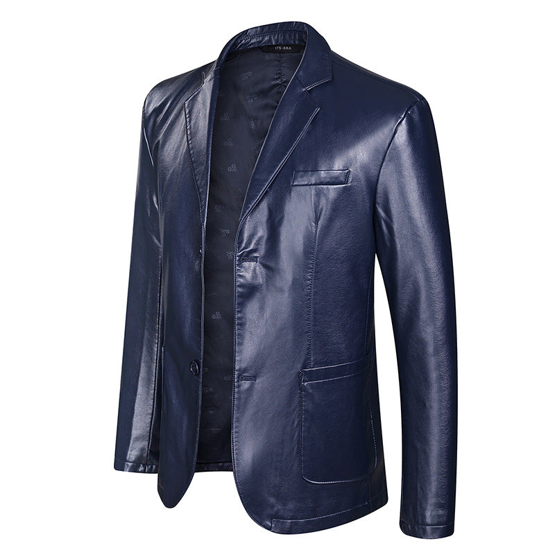 Men's Elegant Faux Leather Blazer Style Jacket with Patch Side Pockets Chichicherry