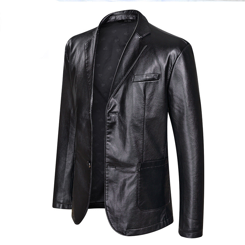 Men's Elegant Faux Leather Blazer Style Jacket with Patch Side Pockets Chichicherry