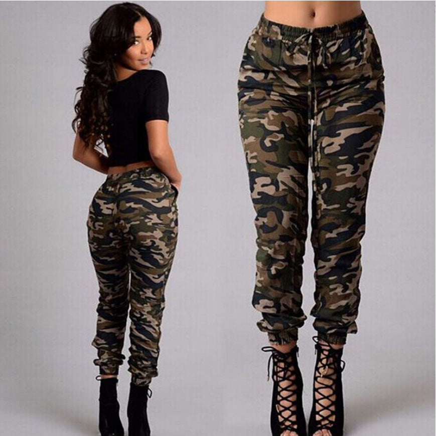 Ladies High-Waist Cargo Pants in Camouflage Design with Elastic Waistband and Cord Chichicherry