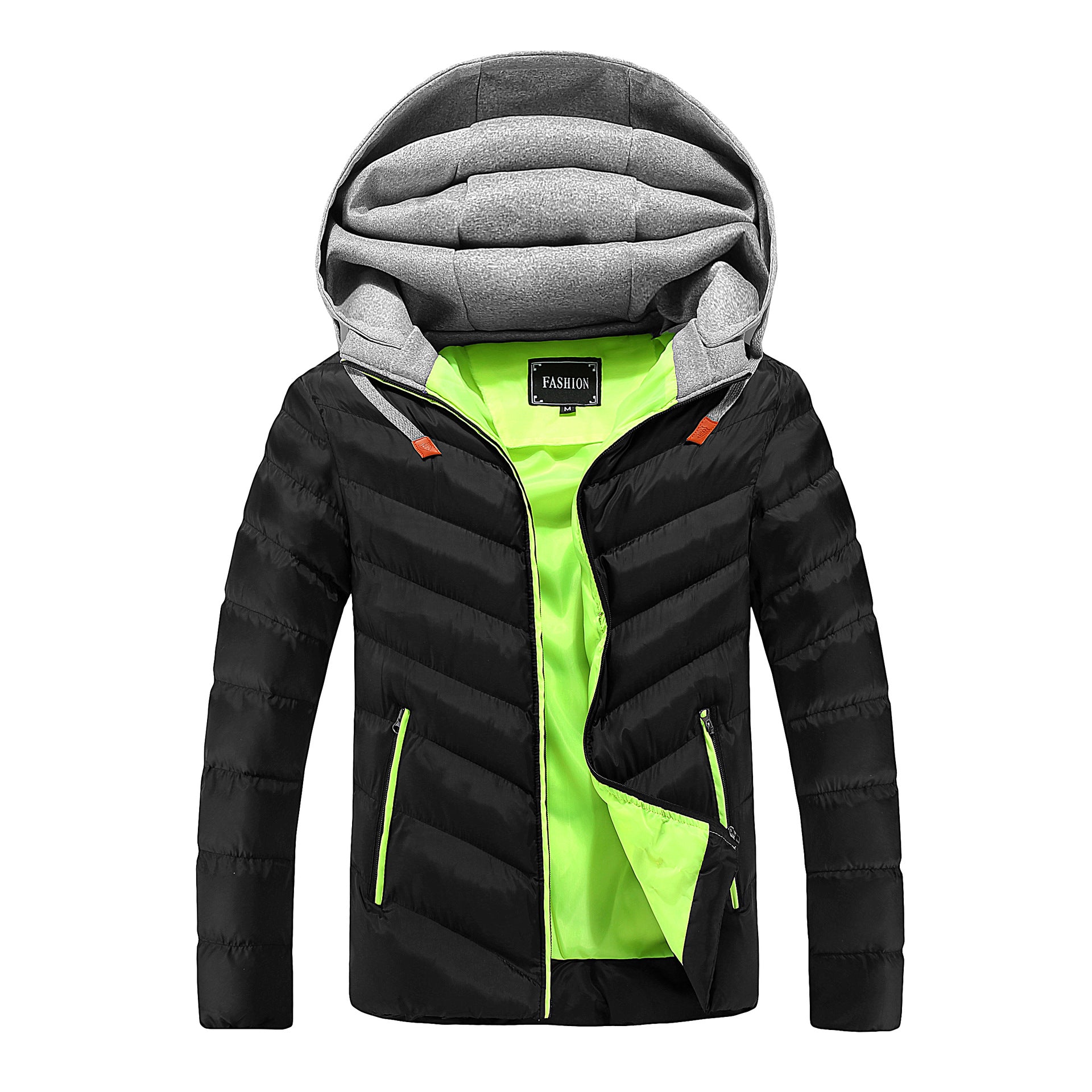 Men's Longer Ultra-light Quilted Coat with Contrast Lining, Padded Hood and Zipper Pockets Chichicherry