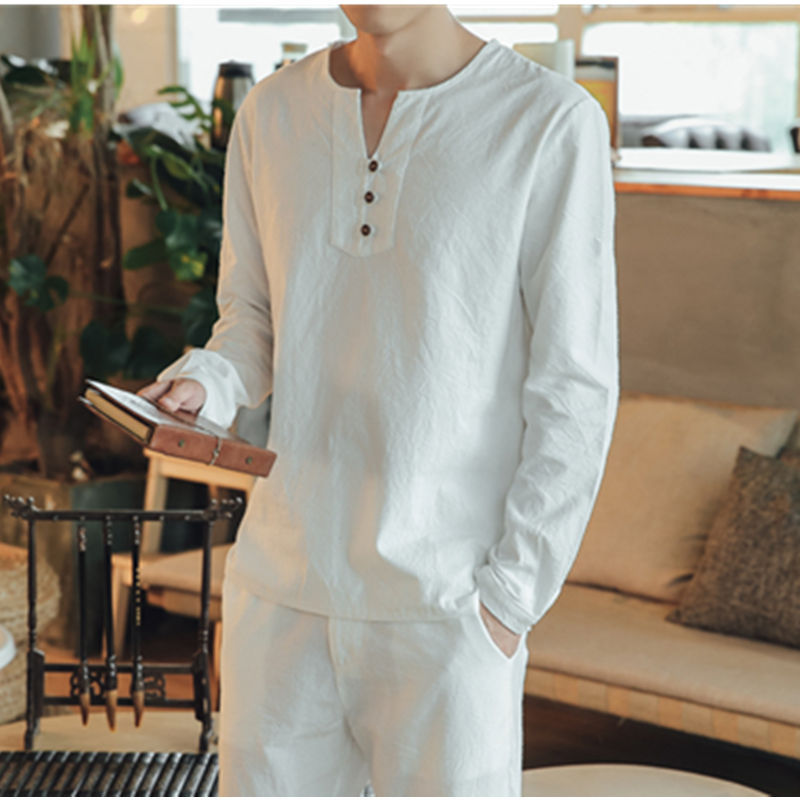 Men's Long Sleeve Henley Loungewear Top with Stand-Up Collar and Decorative Button Placket Chichicherry