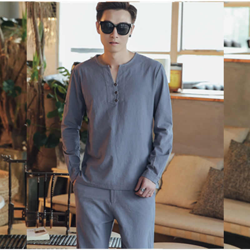 Men's Long Sleeve Henley Loungewear Top with Stand-Up Collar and Decorative Button Placket Chichicherry