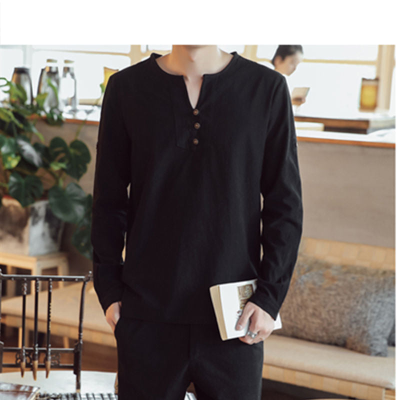 Men's Long Sleeve Henley Loungewear Top with Stand-Up Collar and Decorative Button Placket Chichicherry