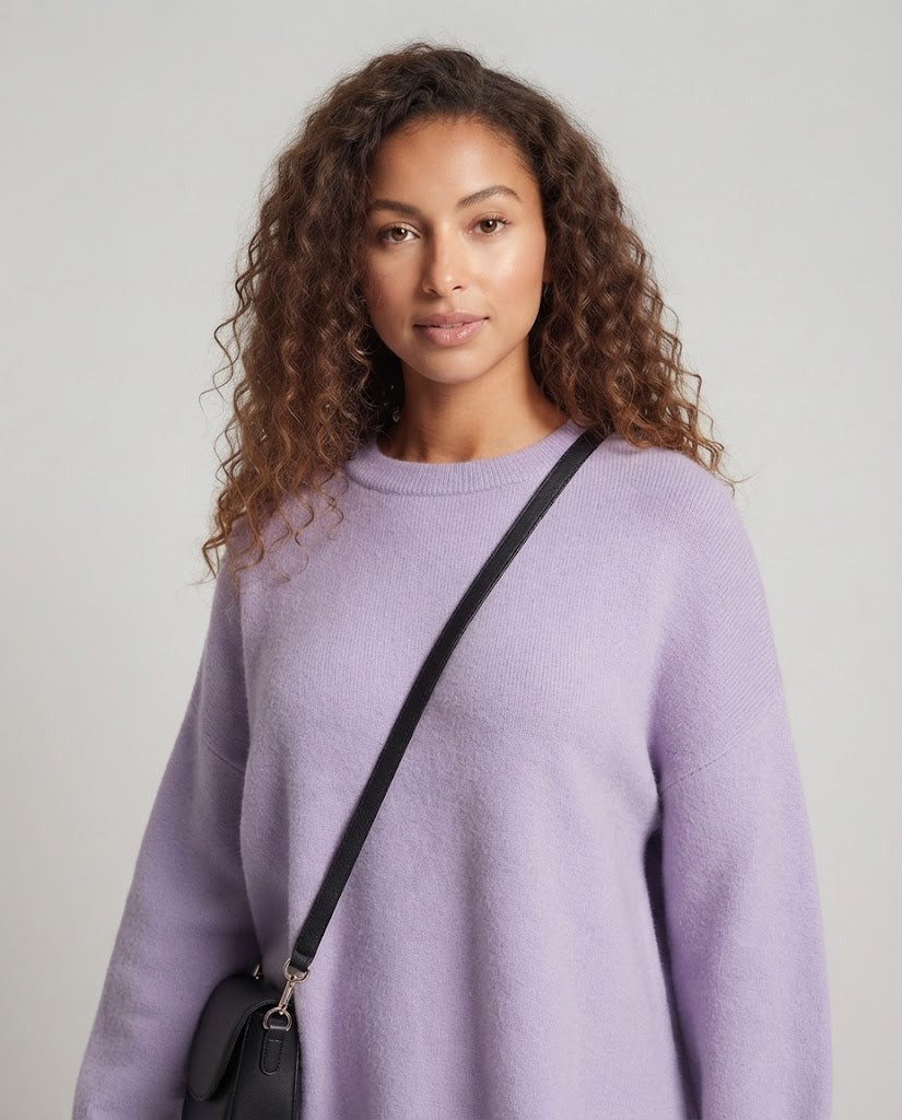 Ladies Oversize Long Sweater in Mohair Look with Round Neck, Drop Shoulder and Side Slit Chichicherry
