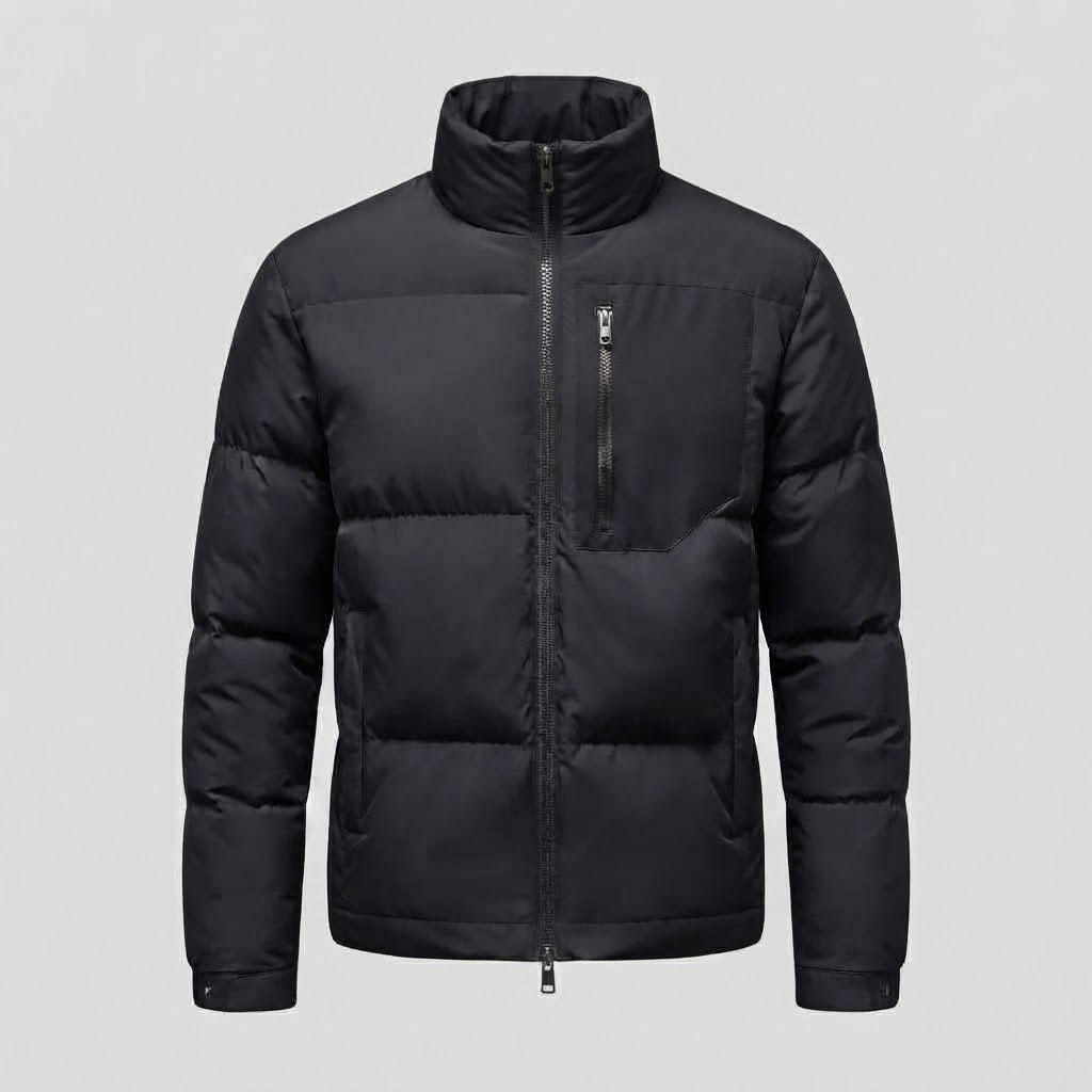 Men's Urban Short Puffer with High Stand Collar, Chest Zip and Windproof Shell Chichicherry