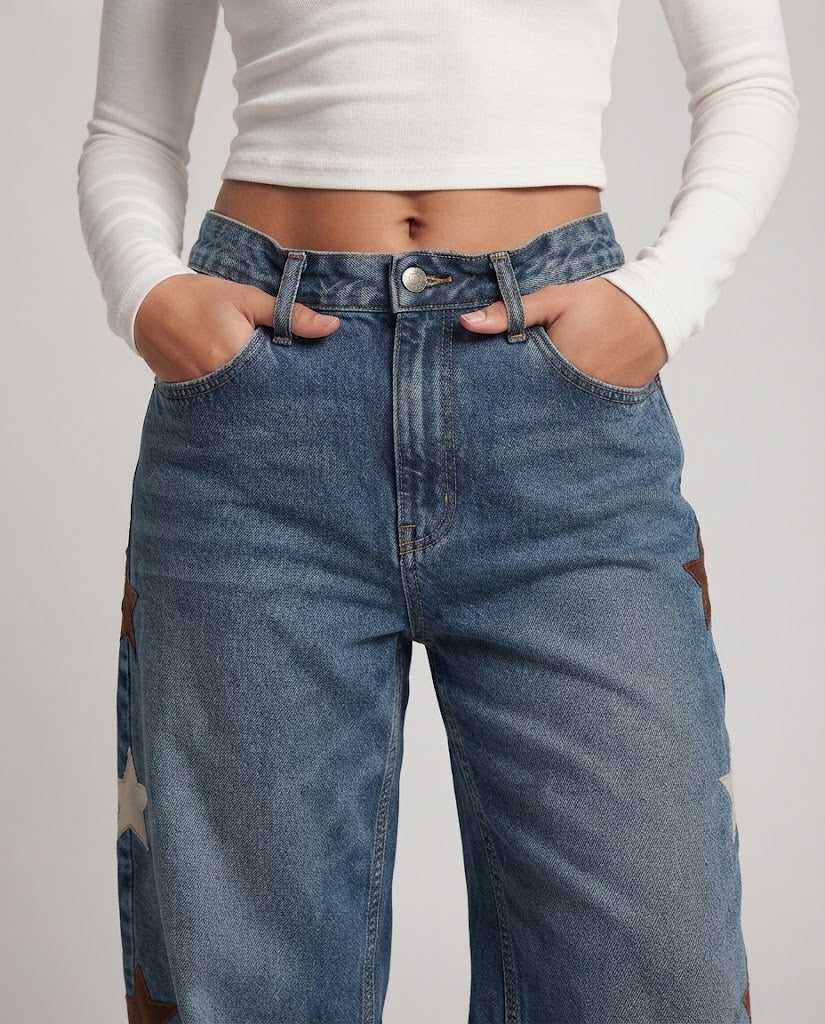 Women's Low-Rise Palazzo Denim Jeans with Extra Wide Leg and Star Appliqués Chichicherry