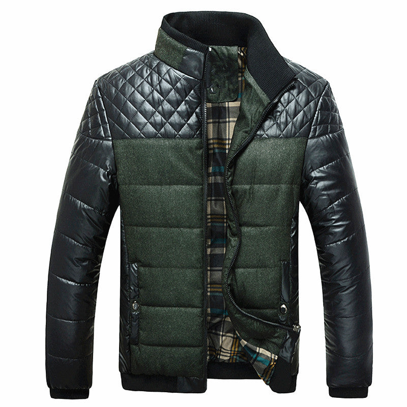Men's Padded Hybrid Puffer Jacket with Faux Leather Sleeves and Stand Collar Chichicherry