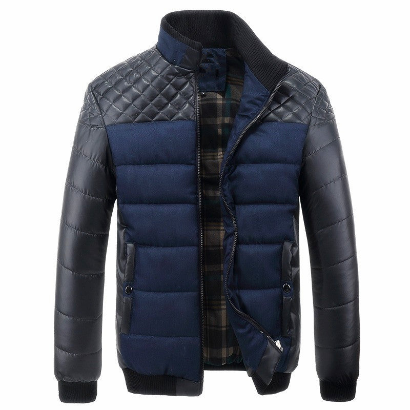 Men's Padded Hybrid Puffer Jacket with Faux Leather Sleeves and Stand Collar Chichicherry